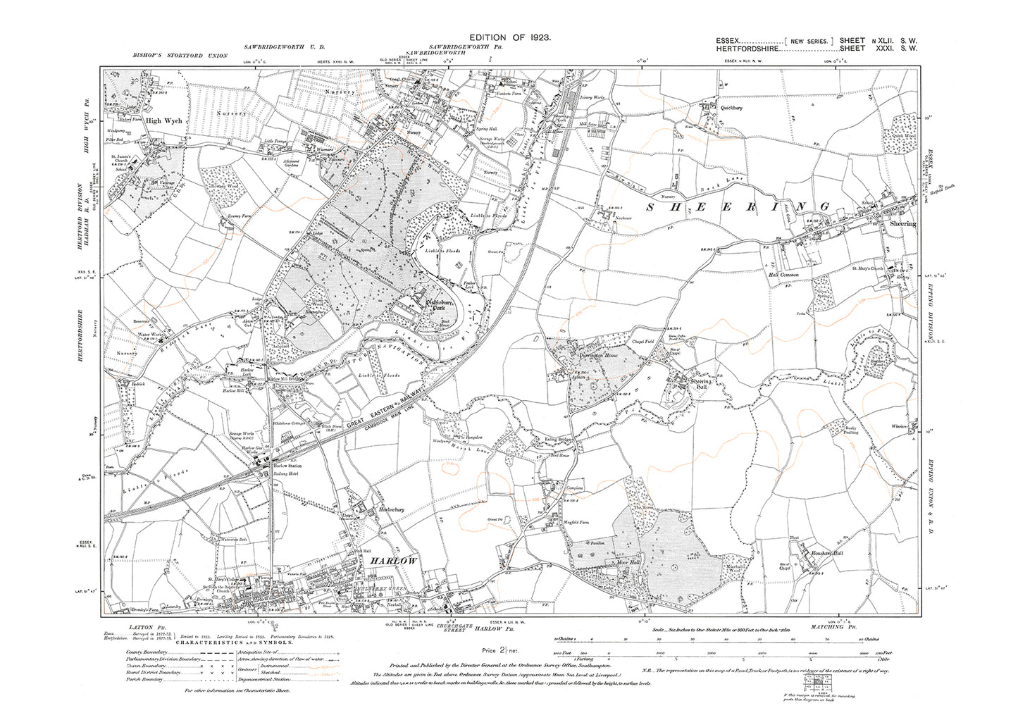 Old OS map dated 1923, showing Harlow (north), Sheering (west) and Sawbridgeworth (south) in Essex - 42SW