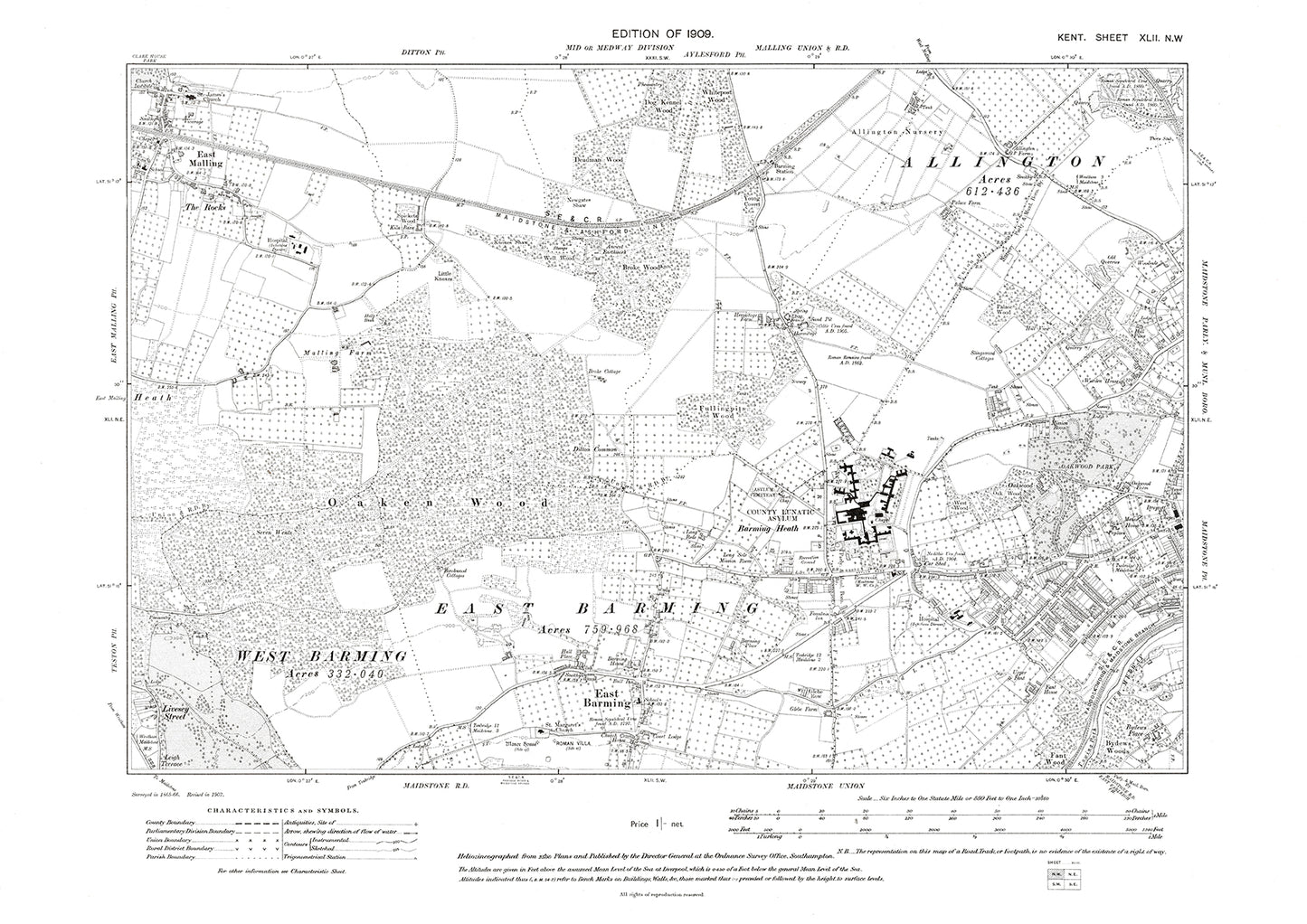 Barming, East Malling, old map Kent 1909: 42NW