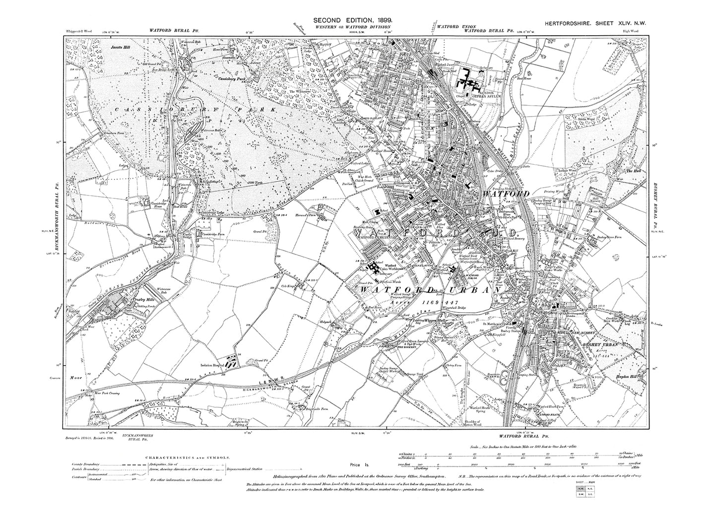 Old OS map dated 1899, showing Watford in Hertfordshire - 44NW