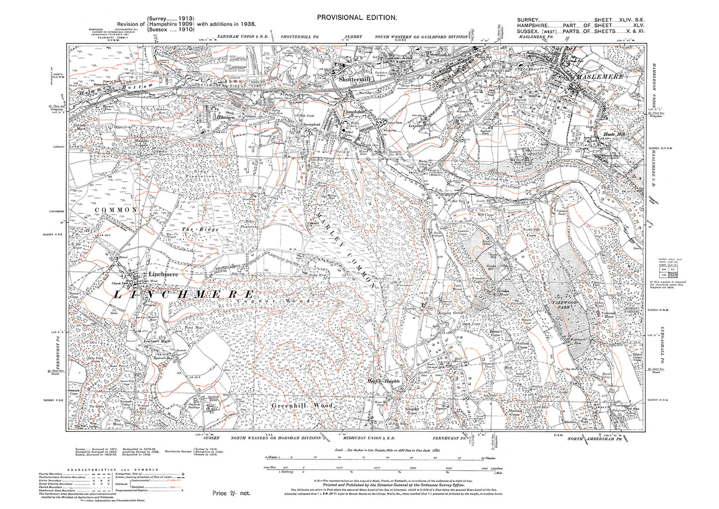 Haslemere (south), Shottermill (south), Haste Hill old map Surrey 1938: 44SE