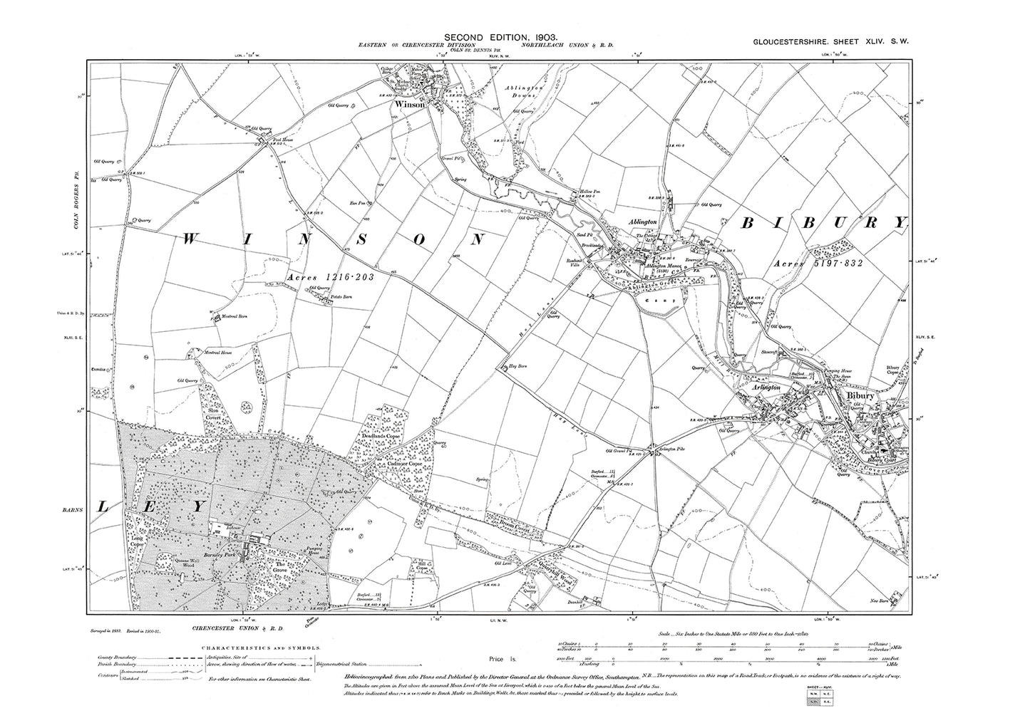 Old OS map dated 1903, showing Winson, Bibury, Ablington in Gloucestershire - 44SW