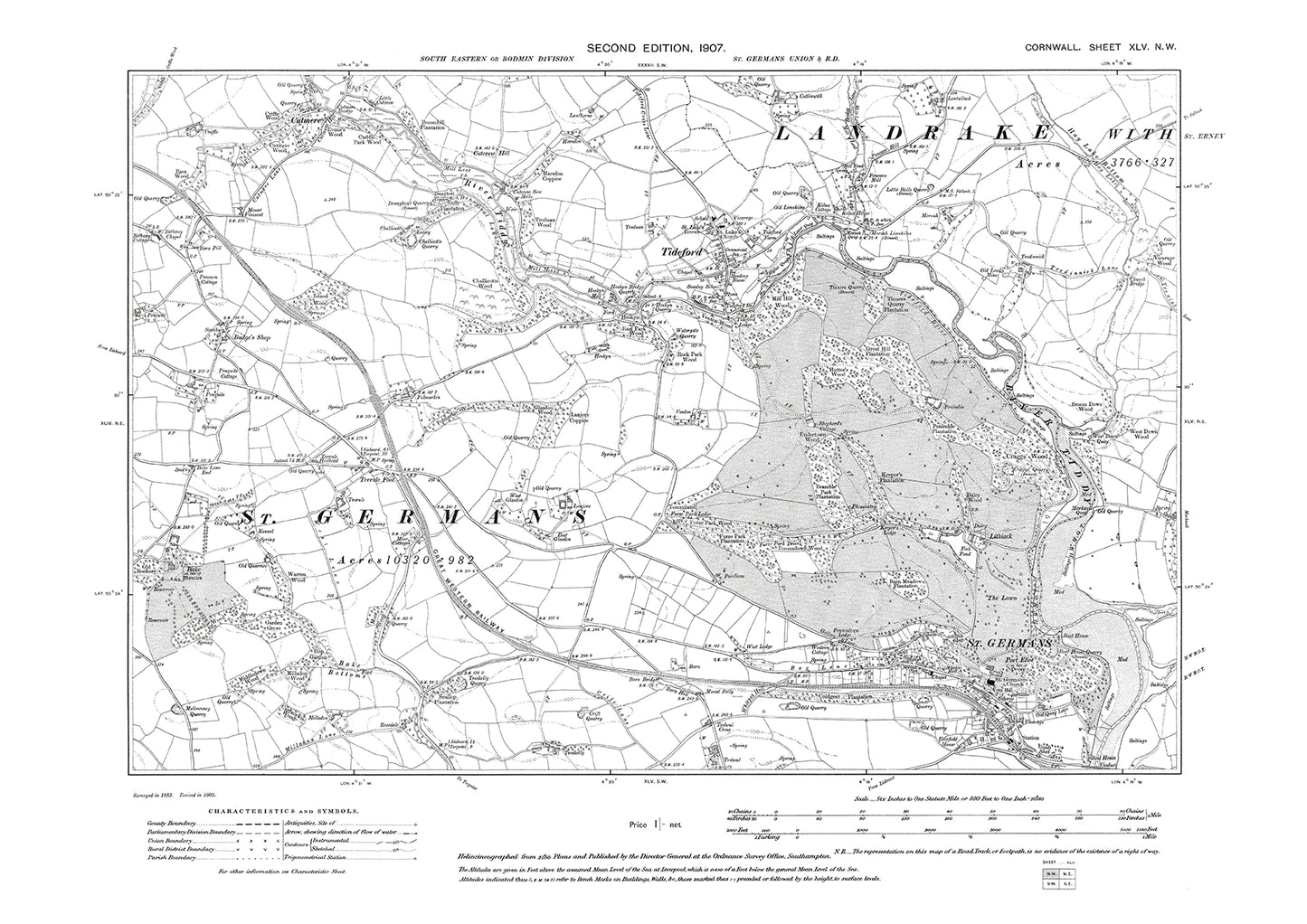 St Germans, Tideford, old map Cornwall 1908: 45NW
