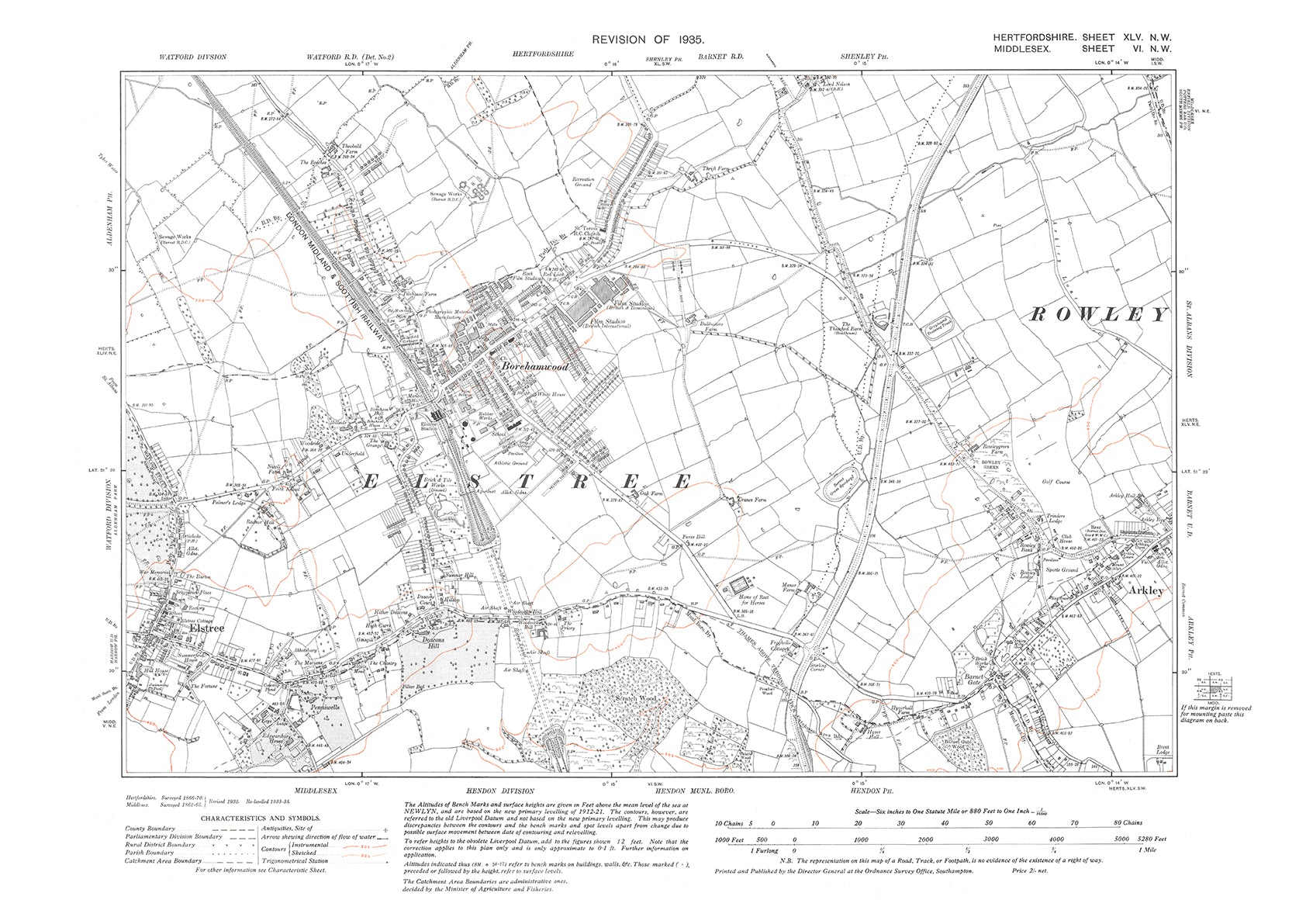 Old Os Map Dated 1935, Showing Elstree, Borehamwood, Arkley In Hertfor 