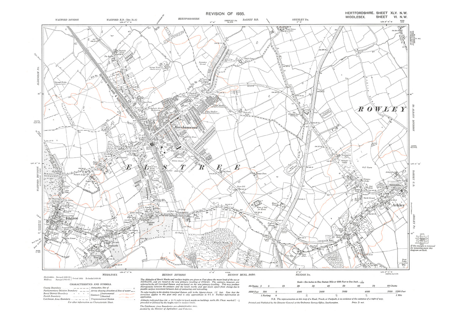 Old OS map dated 1935, showing Elstree, Borehamwood, Arkley in Hertfordshire - 45NW