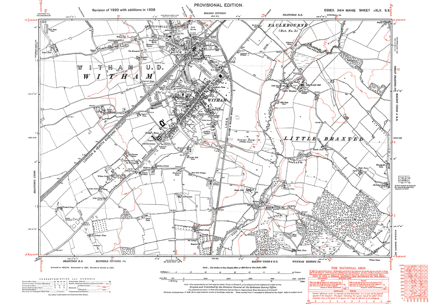 Old OS map dated 1938, showing Witham and Little Braxted in Essex - 45SE