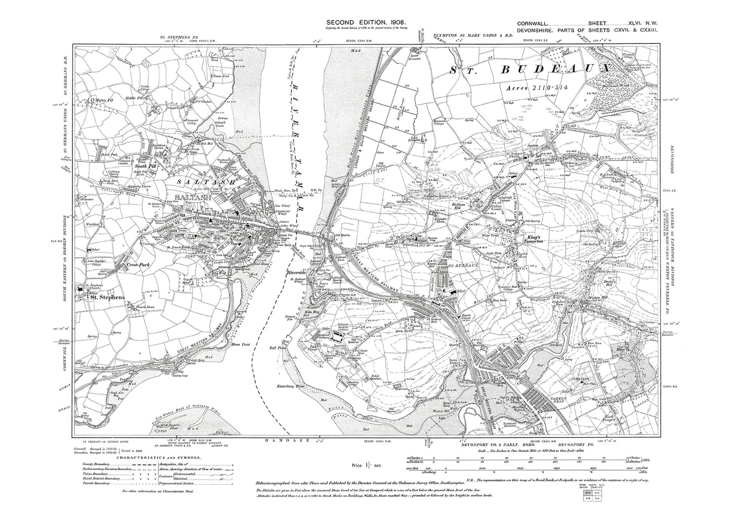 Saltash, old map Cornwall 1908: 46NW