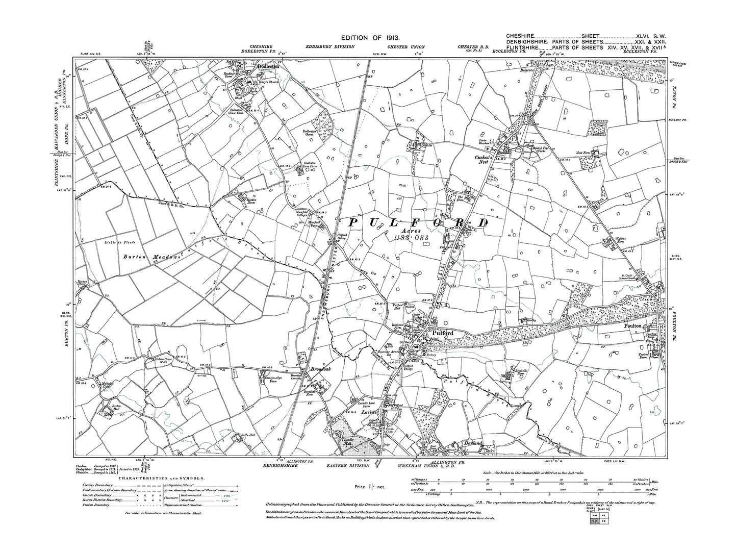 Old OS map dated 1913, showing Pulford, Dodleston (south), Cuckoo's Nest in Cheshire 46SW