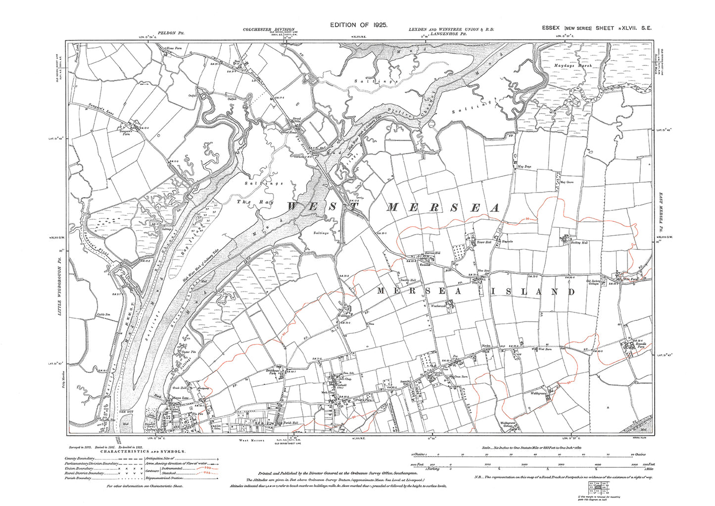 Old OS map dated 1925, showing West Mersea (north) and Mersea Island in Essex - 47SE