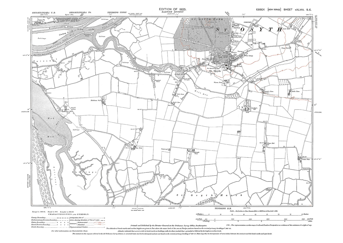 Old OS map dated 1925, showing St Osyth in Essex - 48SE