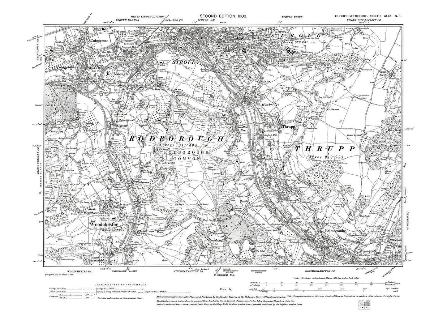 Old OS map dated 1903, showing Stroud, Cainscross Rodborough, Thrupp, Woodchester, Brimscombe in Gloucestershire - 49NE