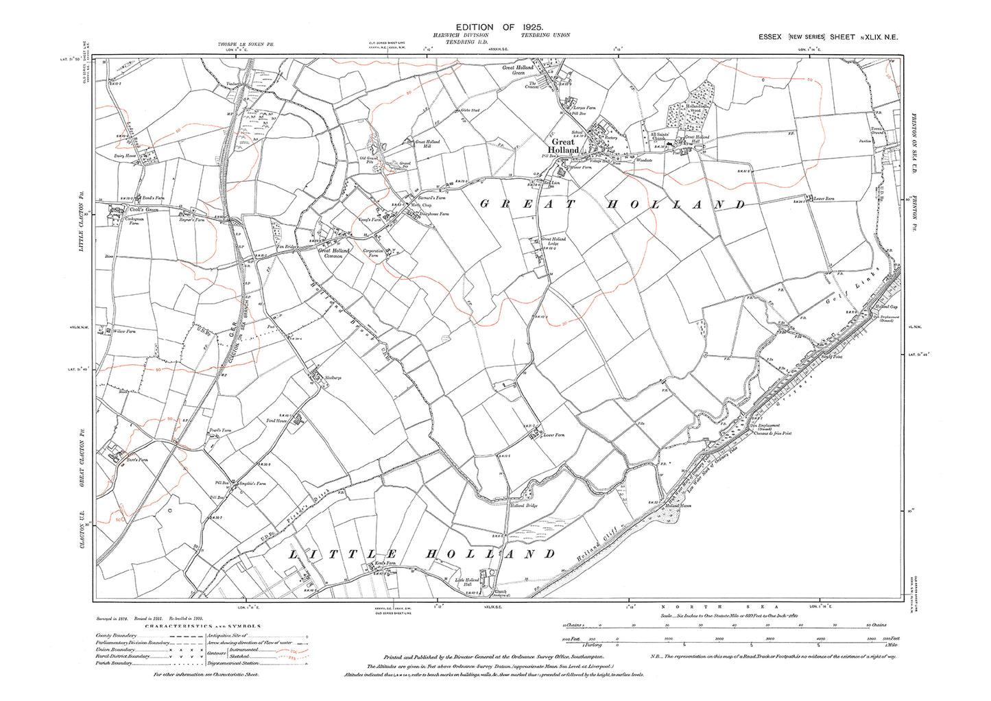 Old OS map dated 1925, showing Great Holland in Essex - 49NE