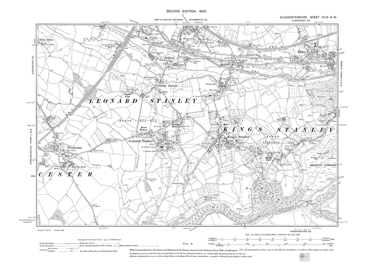 Old OS map dated 1903, showing Leonard Stanley, Kings Stanley, Ebley, Frocester in Gloucestershire - 49NW