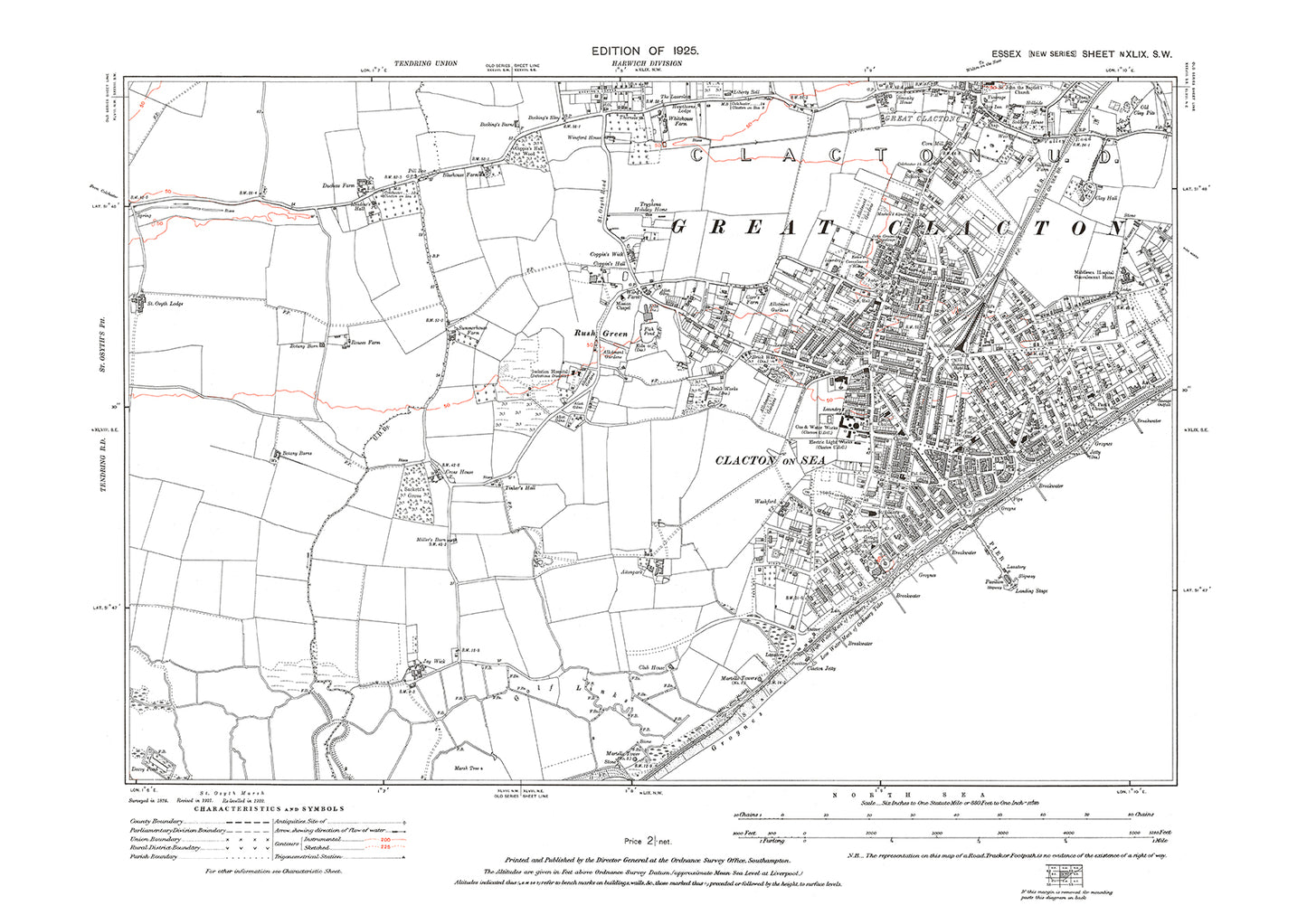 Old OS map dated 1925, showing Clacton on Sea and Great Clacton in Essex - 49SW