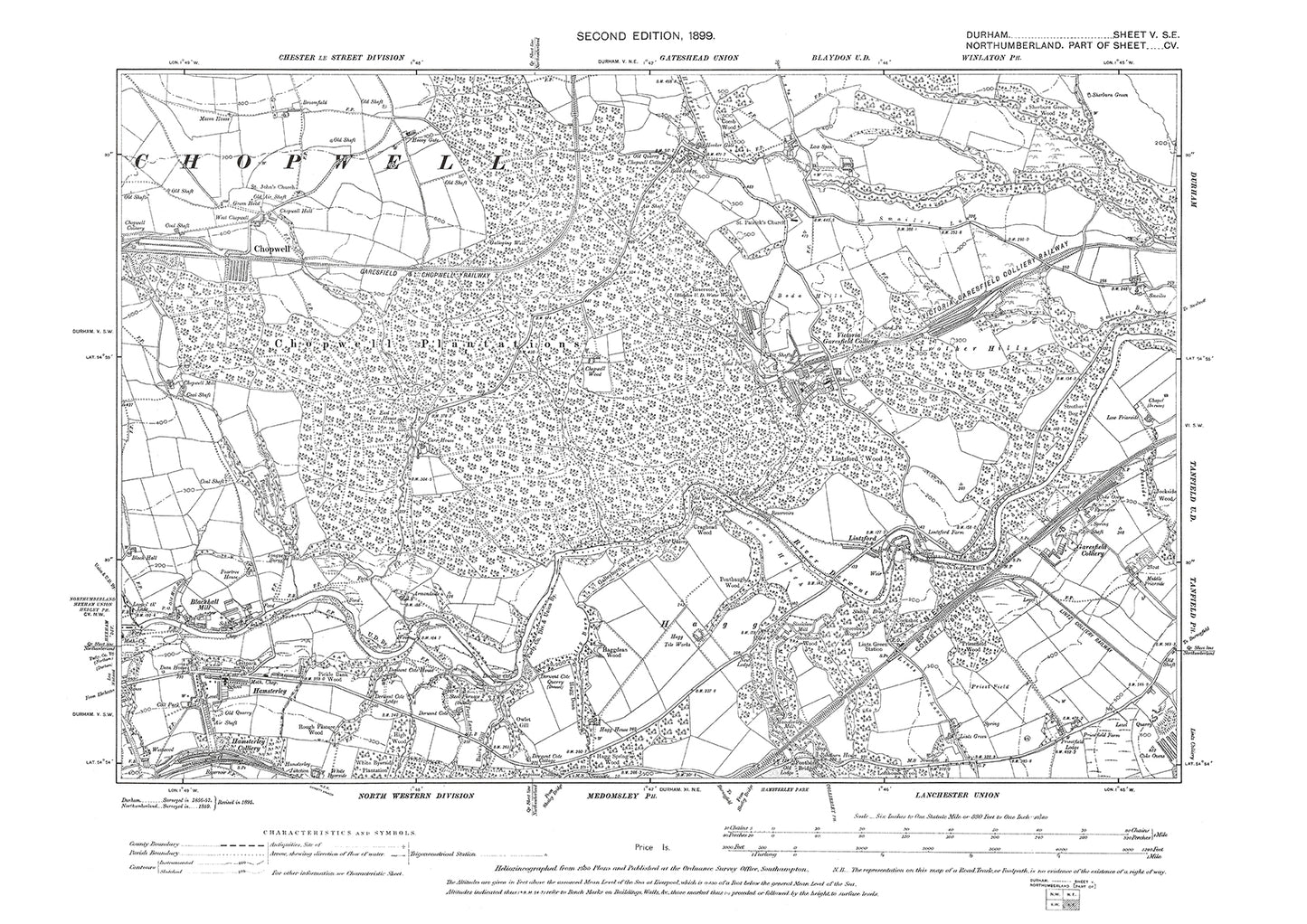 Old OS map dated 1899, showing Chopwell, Victoria Garesfield Colliery and Lintzford in Durham - 5SE