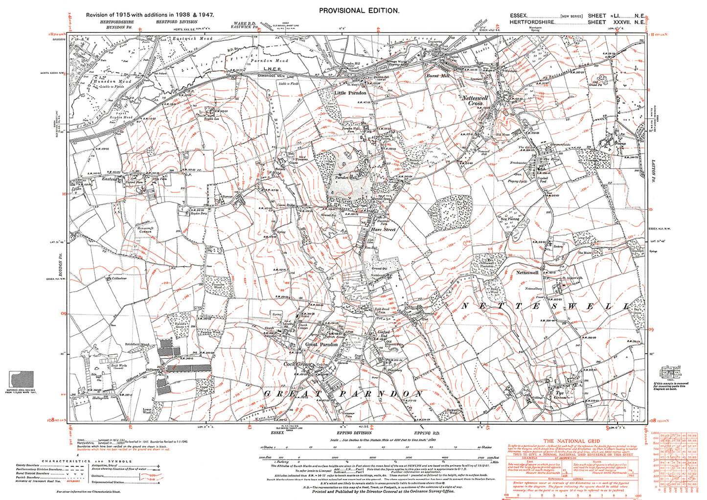 Old OS map dated 1947, showing Netteswell Cross, Netteswell, Little Parndon, Great Parndon and Hare Street in Essex - 51NE
