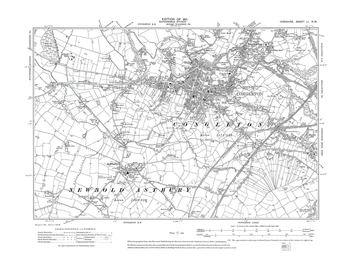 Old OS map dated 1911, showing Congleton, Buglawton, Astbury in Cheshire 51NW