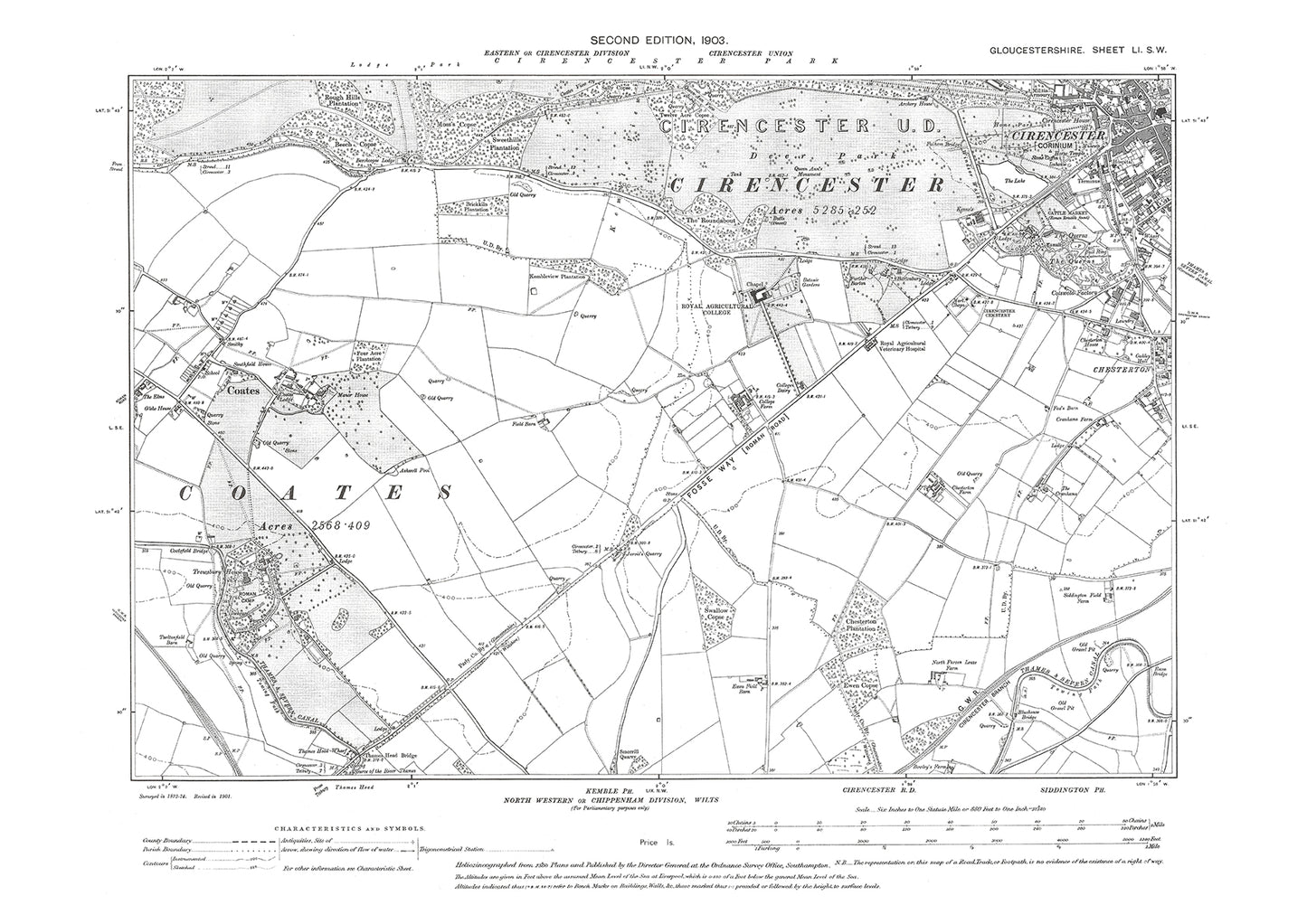 Old OS map dated 1903, showing Cirencester (southwest), Coates in Gloucestershire - 51SW