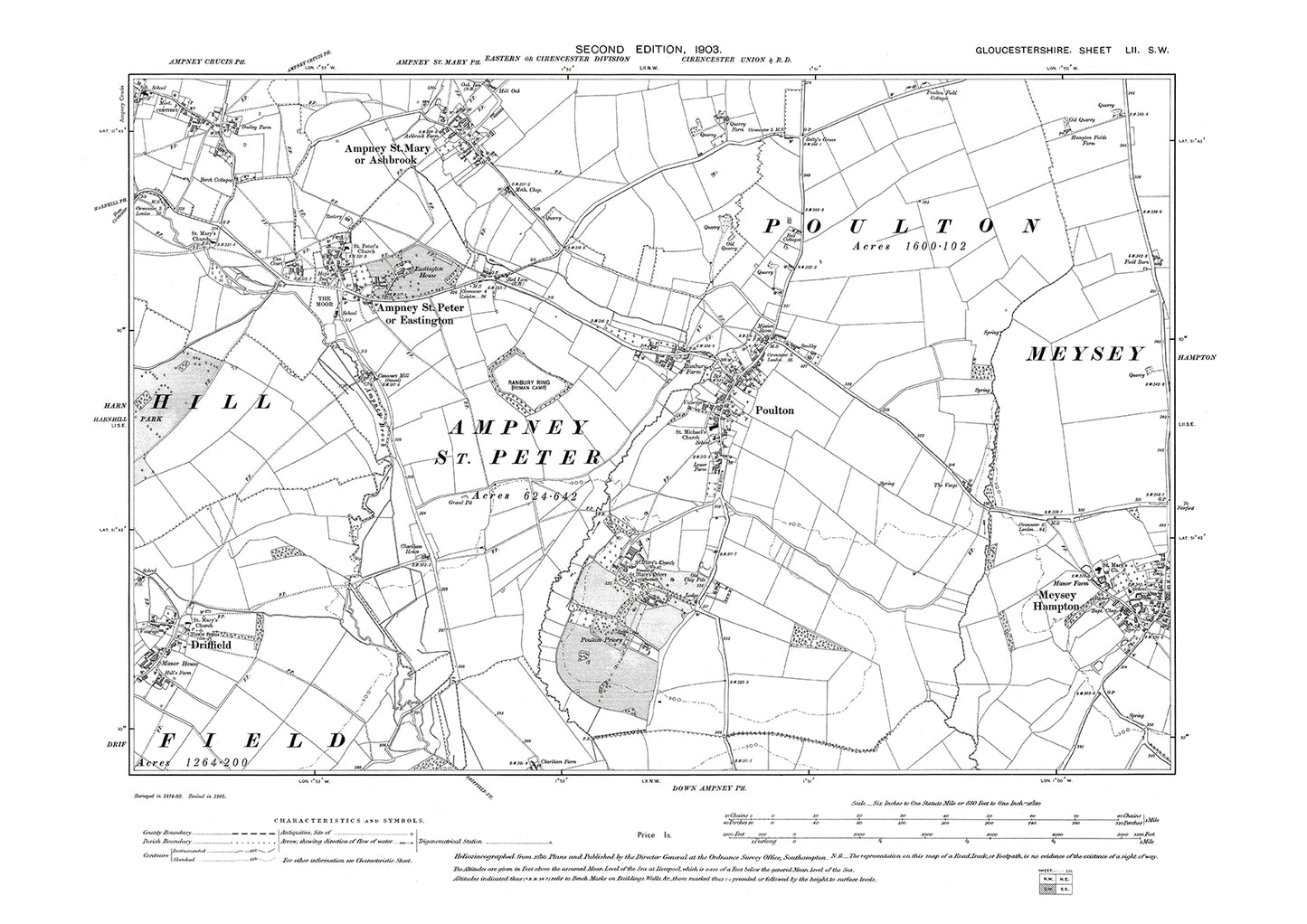 Old OS map dated 1903, showing Ampney St Mary, Ampney St Peter, Poulton, Driffield, Meysey Hampton in Gloucestershire - 52SW