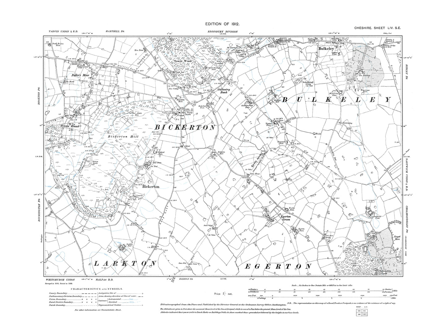 Old OS map dated 1912, showing Bickerton, Bulkley (south) in Cheshire 54SE
