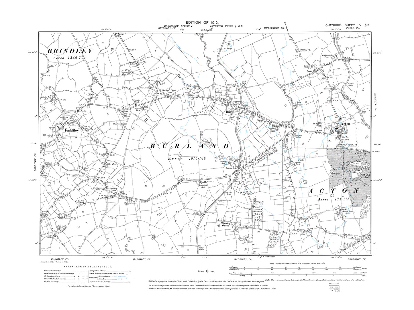 Old OS map dated 1912, showing Acton, Burland, Faddiley in Cheshire 55SE