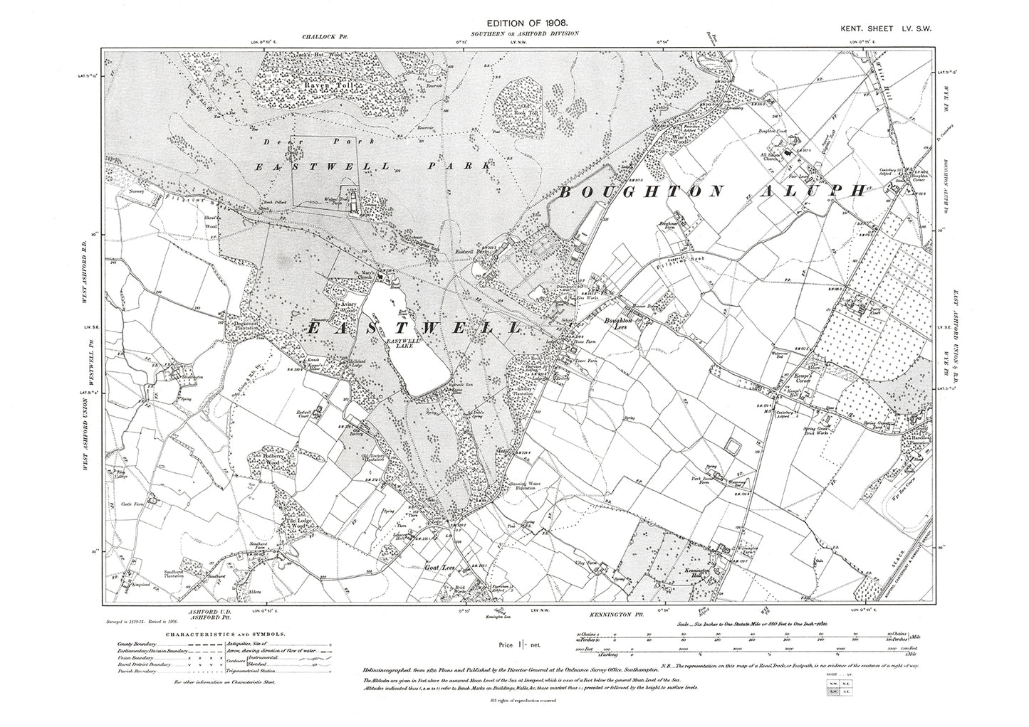 Boughton Aluph, Eastwell, old map Kent 1909: 55SW