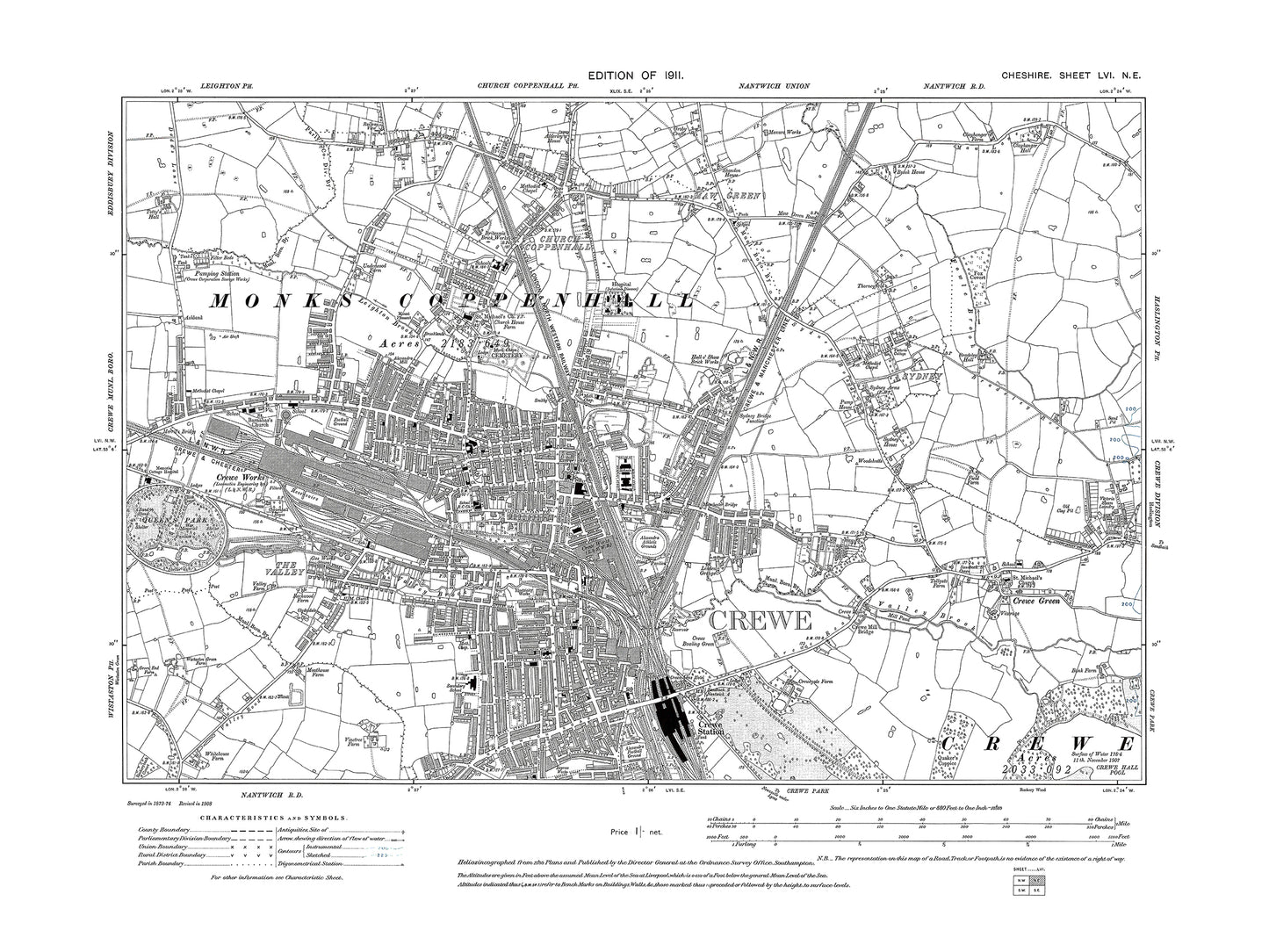 Old OS map dated 1911, showing Crewe in Cheshire 56NE