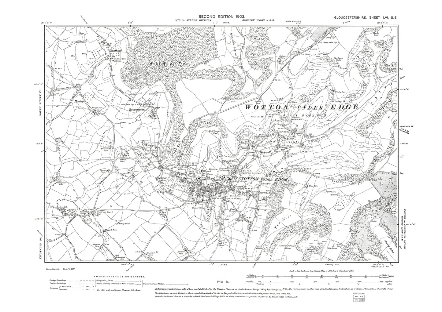 Old OS map dated 1903, showing Wotton under Edge in Gloucestershire - 56SE