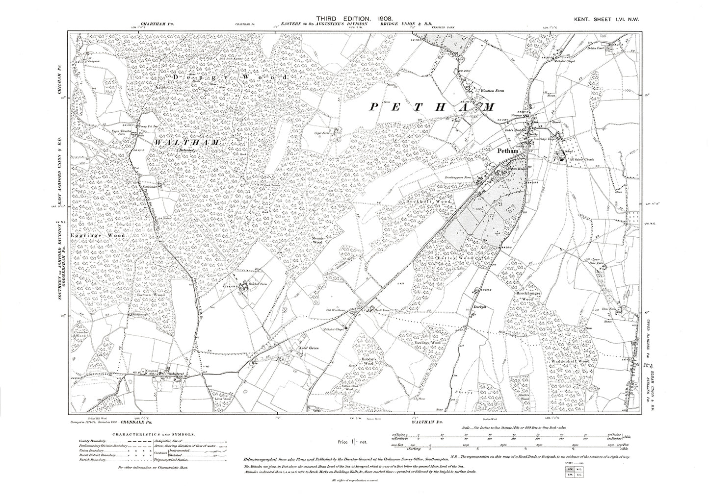 Petham, old map Kent 1908: 56NW
