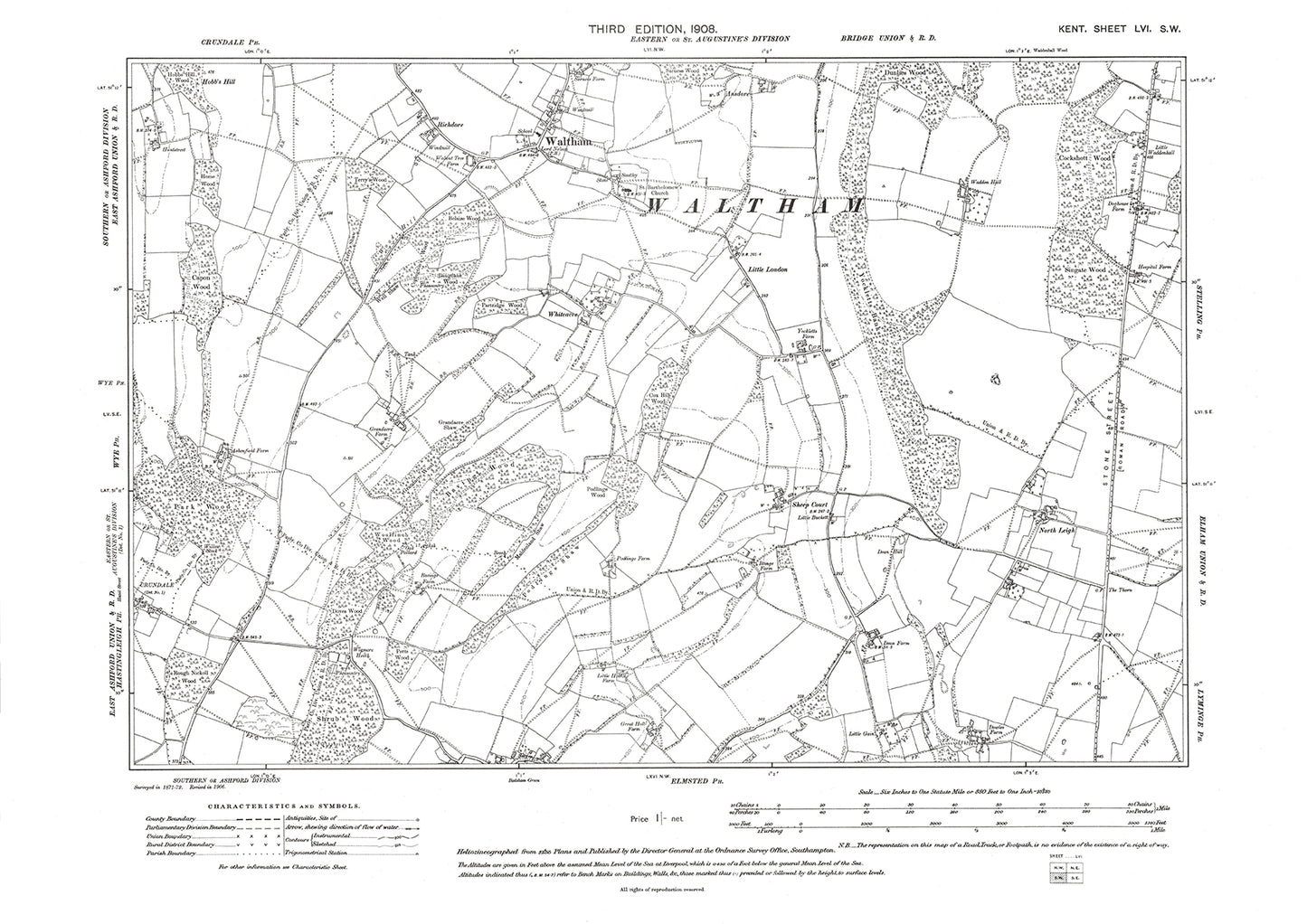 Waltham, old map Kent 1908: 56SW
