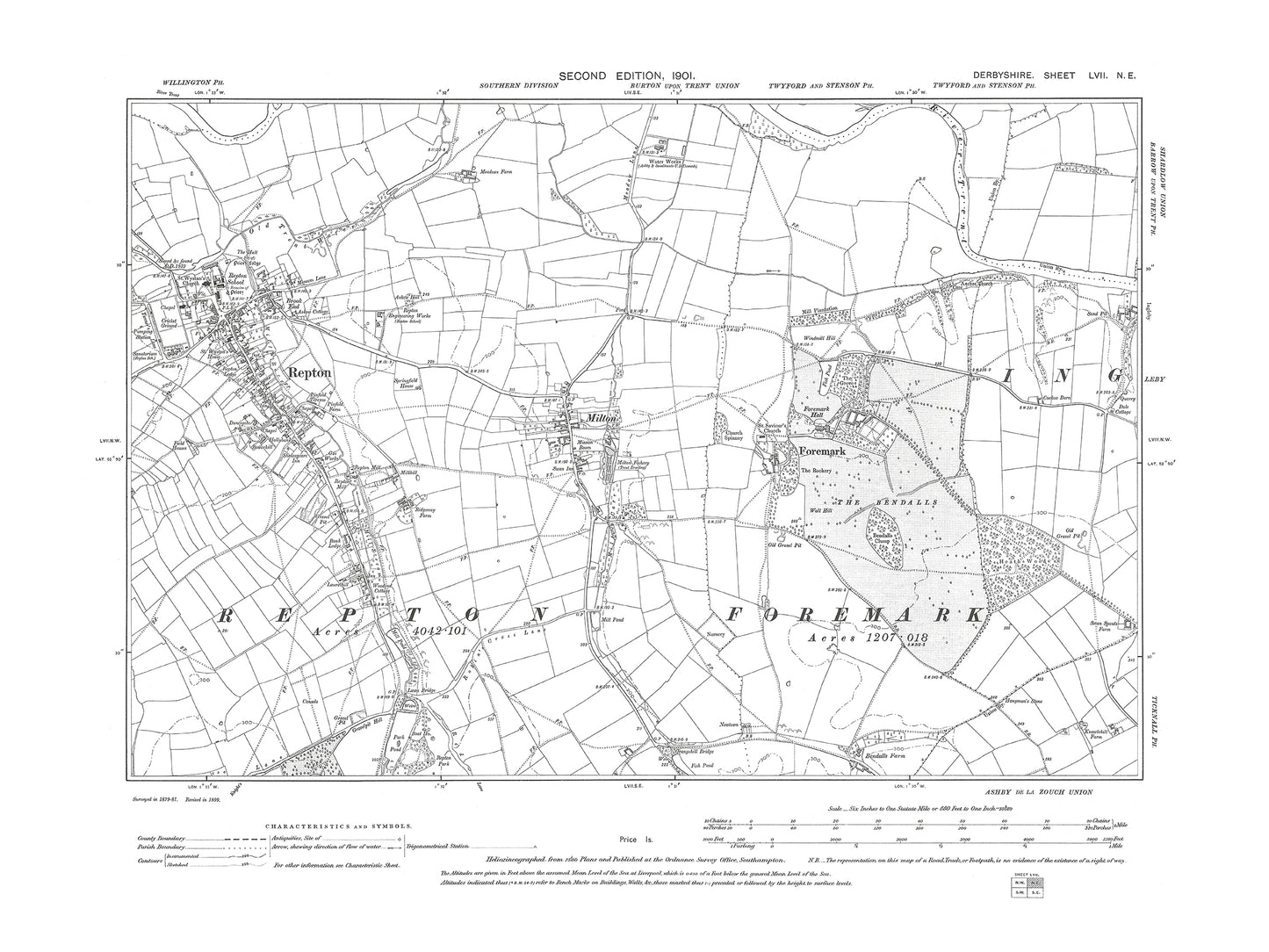 Old OS map dated 1901, showing Newton Solney in Derbyshire 57NE