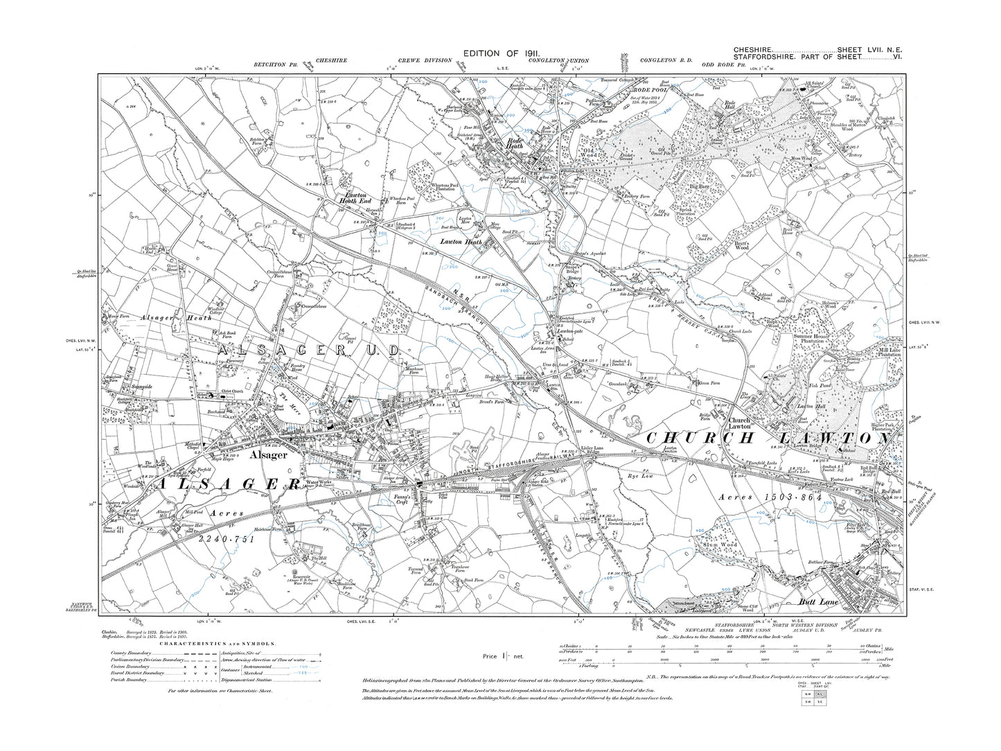Old OS map dated 1911, showing Alsager, Rode Heath in Cheshire 57NE
