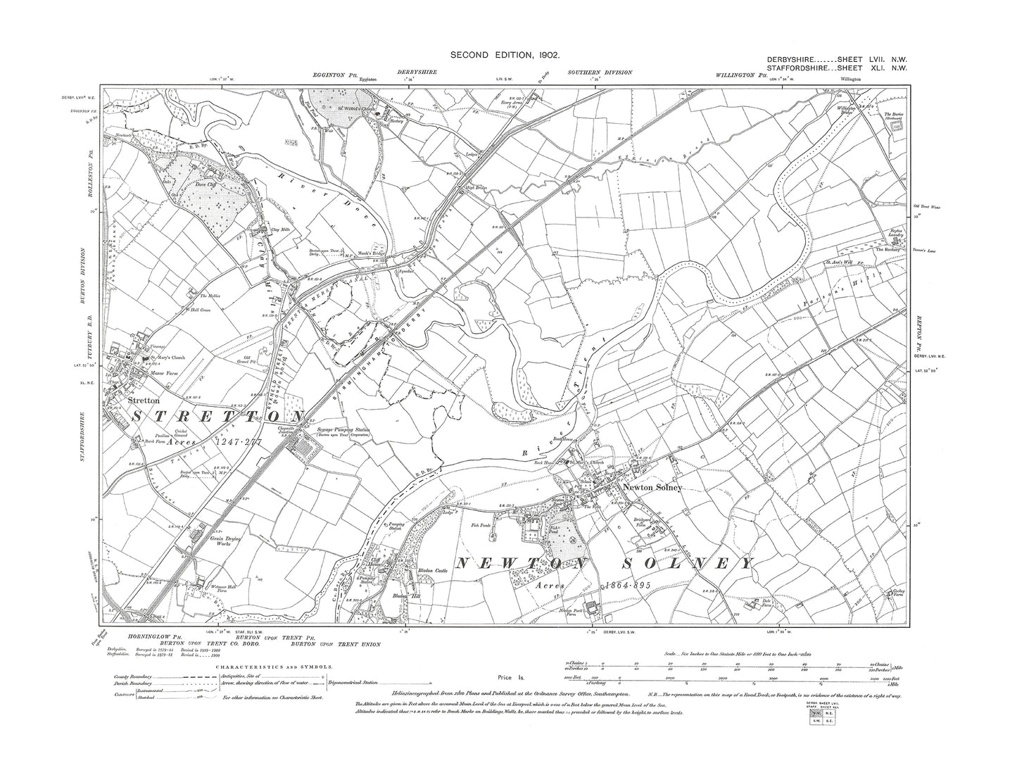 Old OS map dated 1901, showing Repton, Milton, Foremark in Derbyshire 57NW
