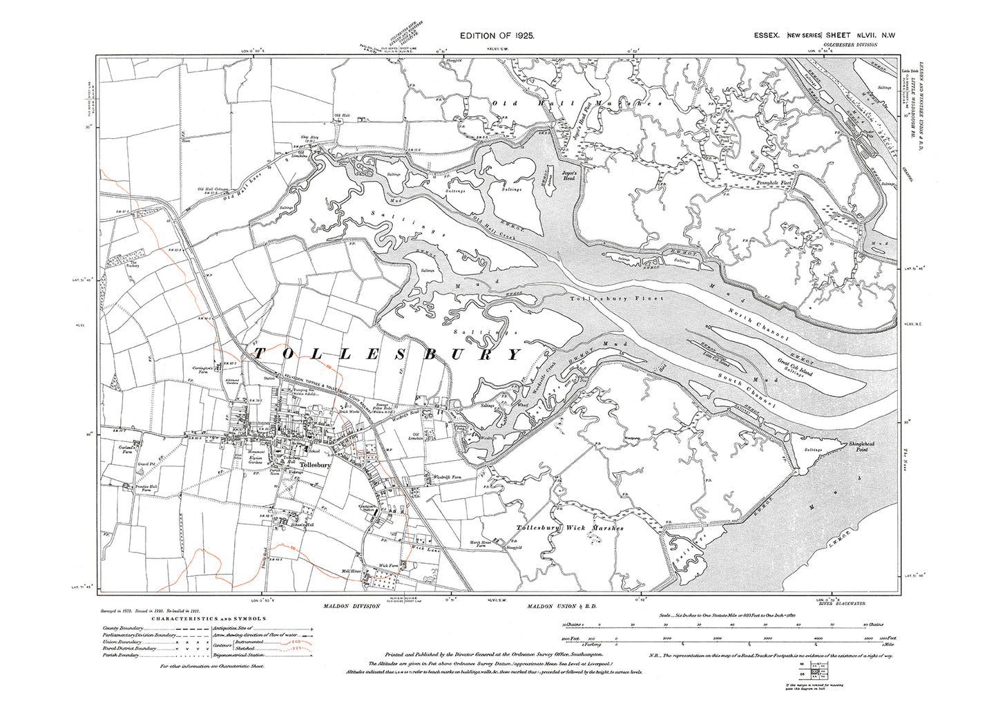 Old OS map dated 1925, showing Tollesbury in Essex - 57NW