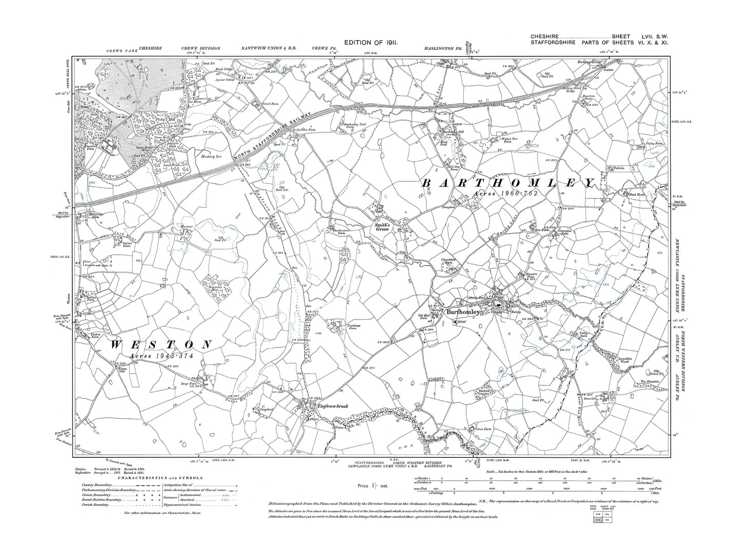 Old OS map dated 1911, showing Barthomley in Cheshire 57SW