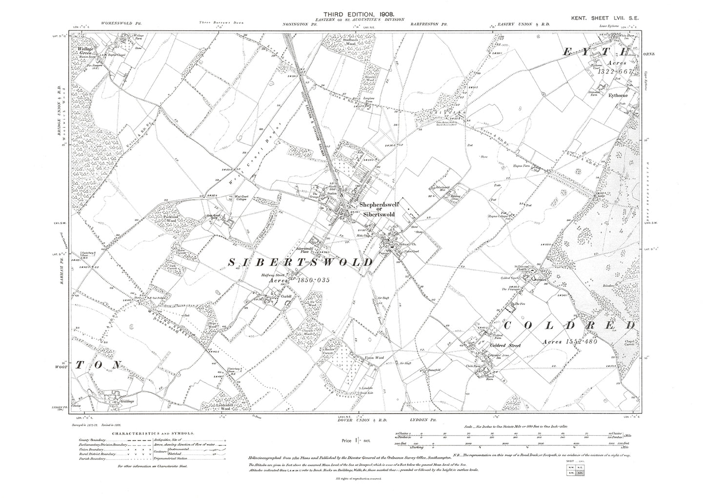 Shepherdswell, Coldred, Eythorne (southwest), old map Kent 1908: 57SE