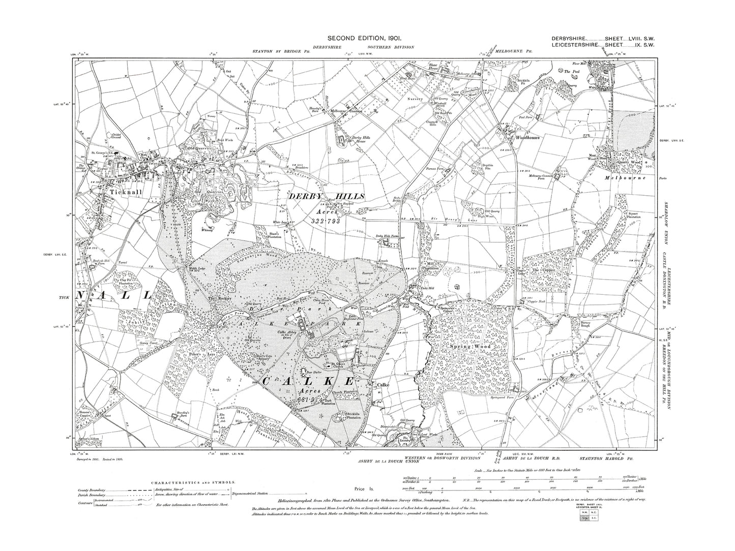 Old OS map dated 1901, showing Melbourne (south), Ticknall in Derbyshire 58SW