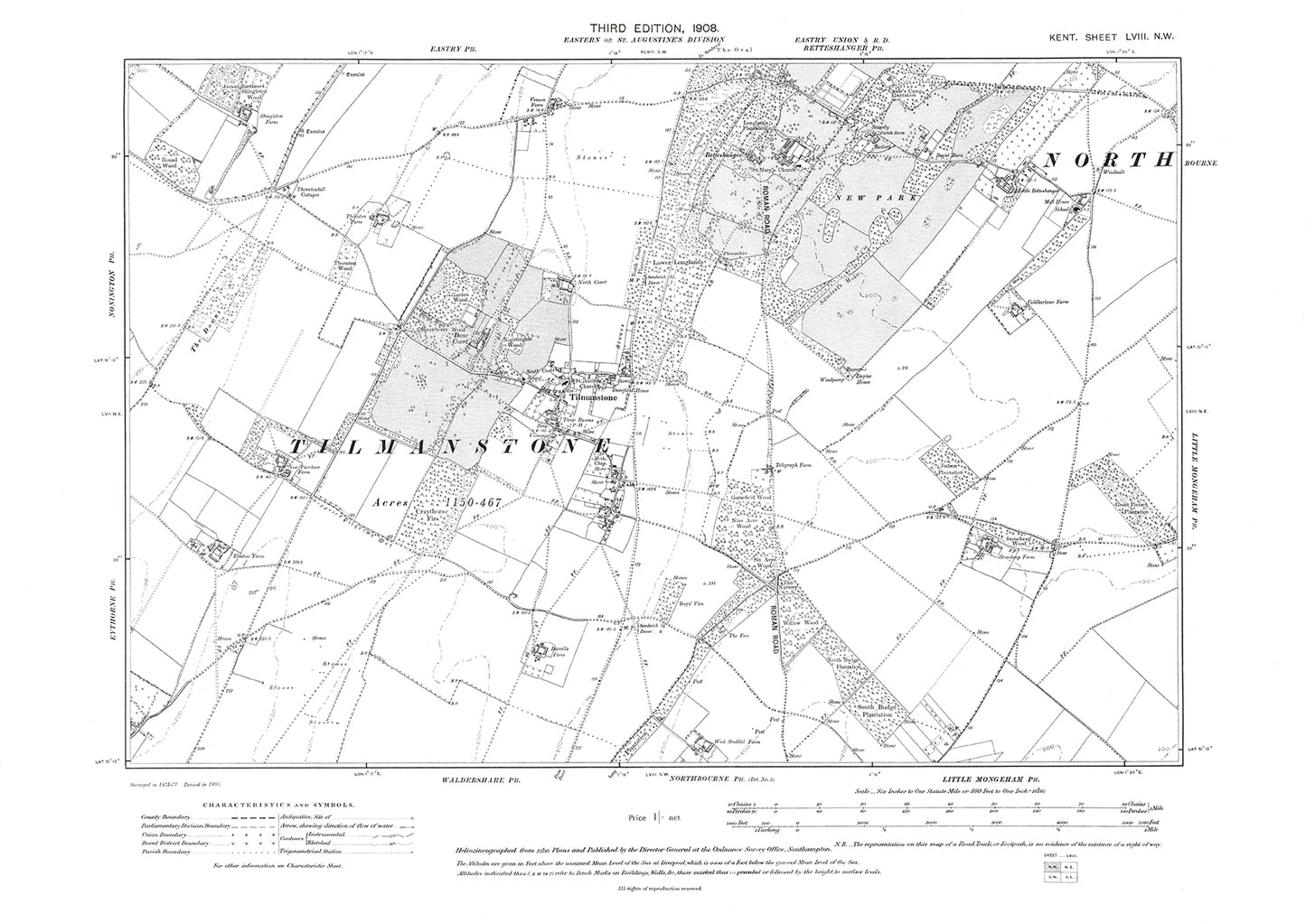 Tilmanstone, Northbourne, old map Kent 1908: 58NW