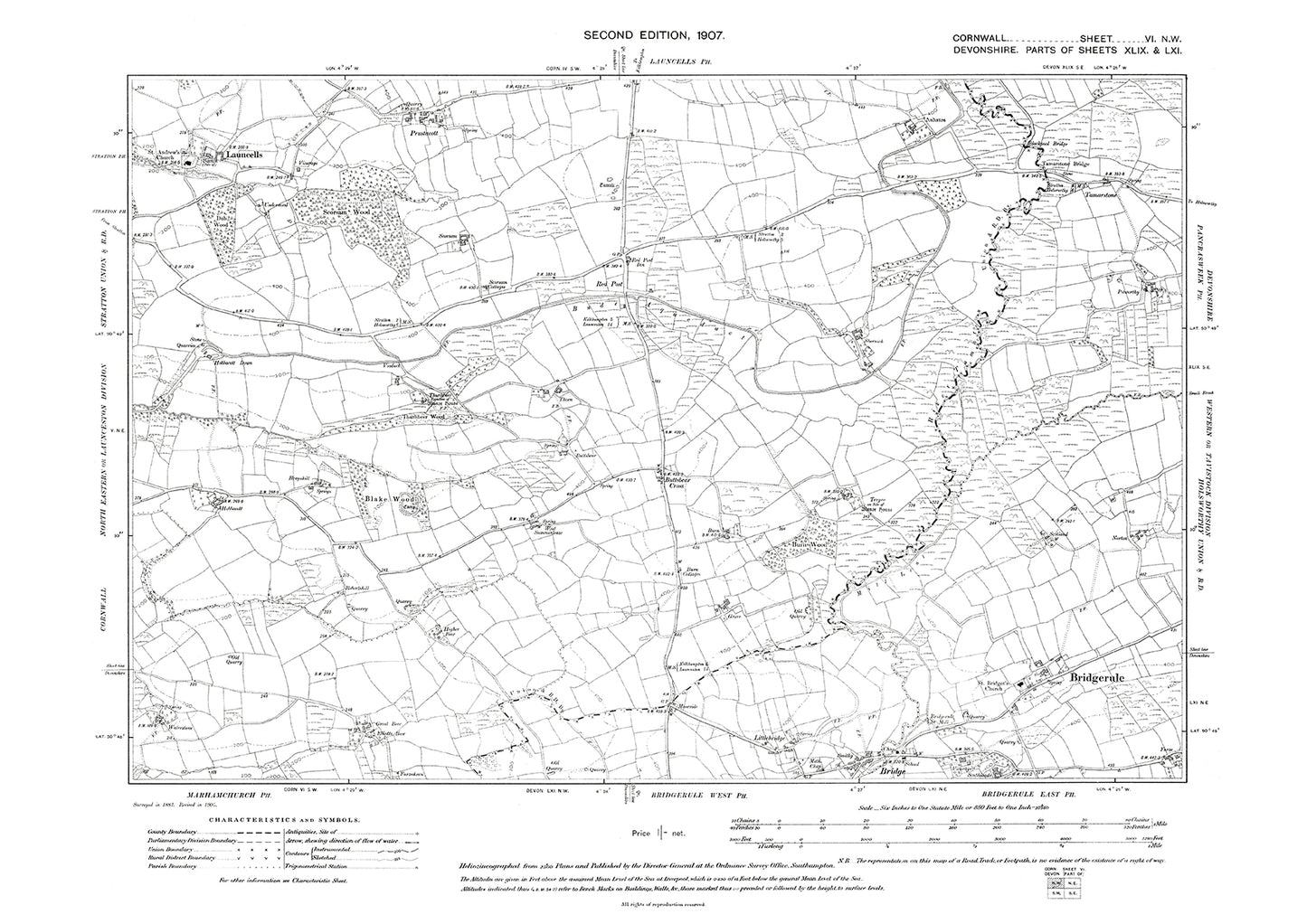 Launcells, Prustacott, old map Cornwall 1907: 6NW