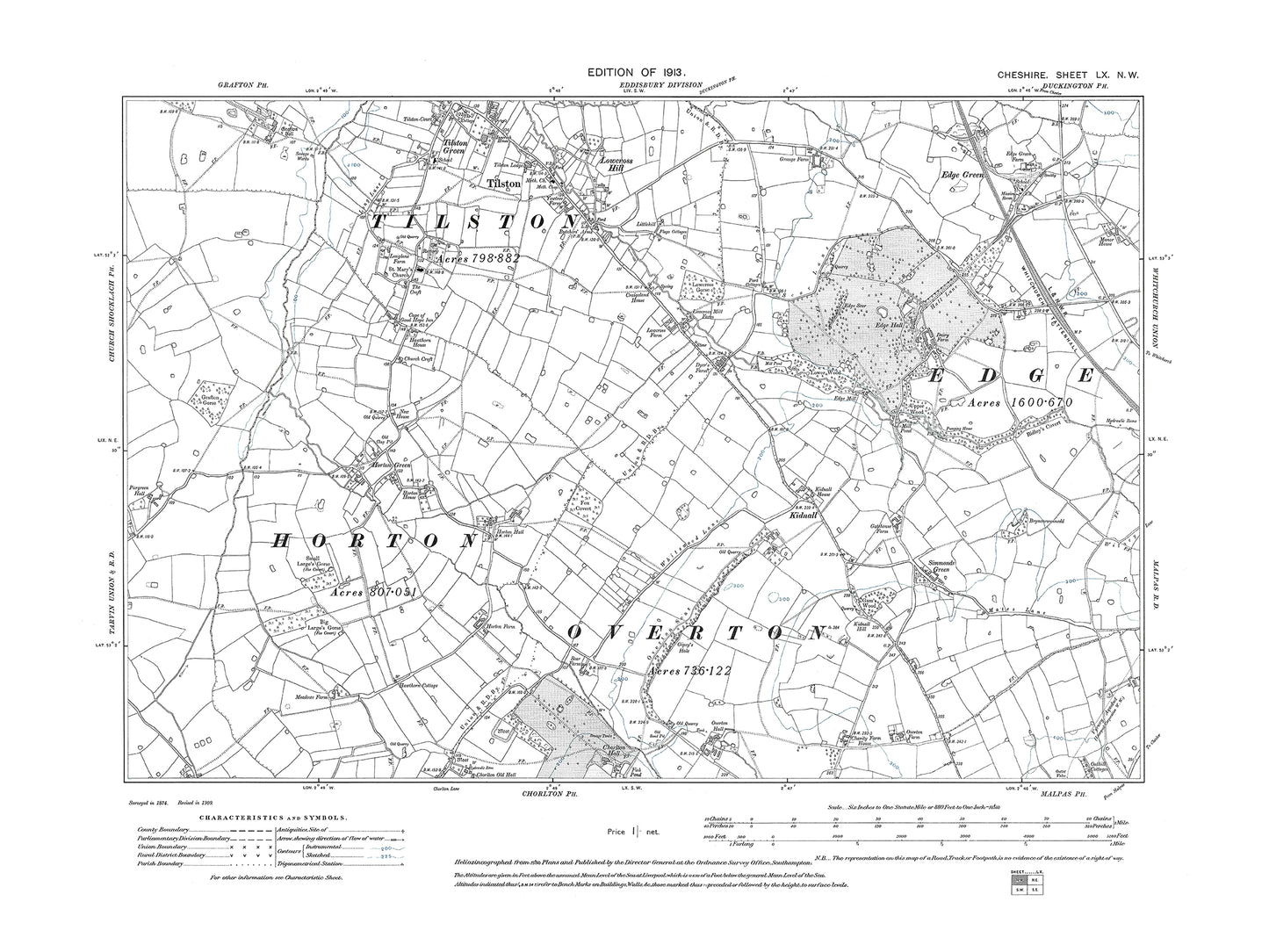 Old OS map dated 1913, showing Tilston, Horton Green in Cheshire 60NW