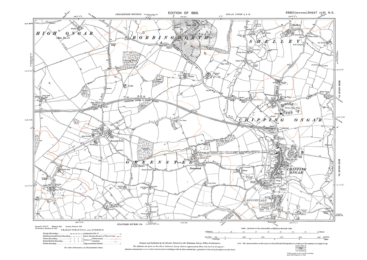 Old OS map dated 1923, showing Chipping Ongar, Greensted and Shelley in Essex - 61NE