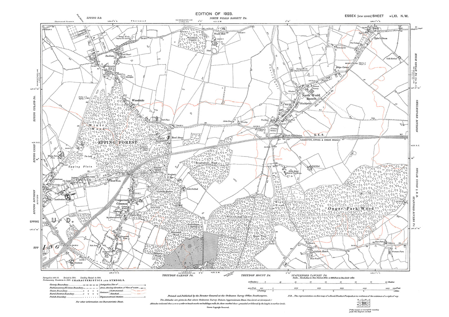 Old OS map dated 1923, showing Epping (NE), Epping Forest and North Weald Bassett in Essex - 61NW