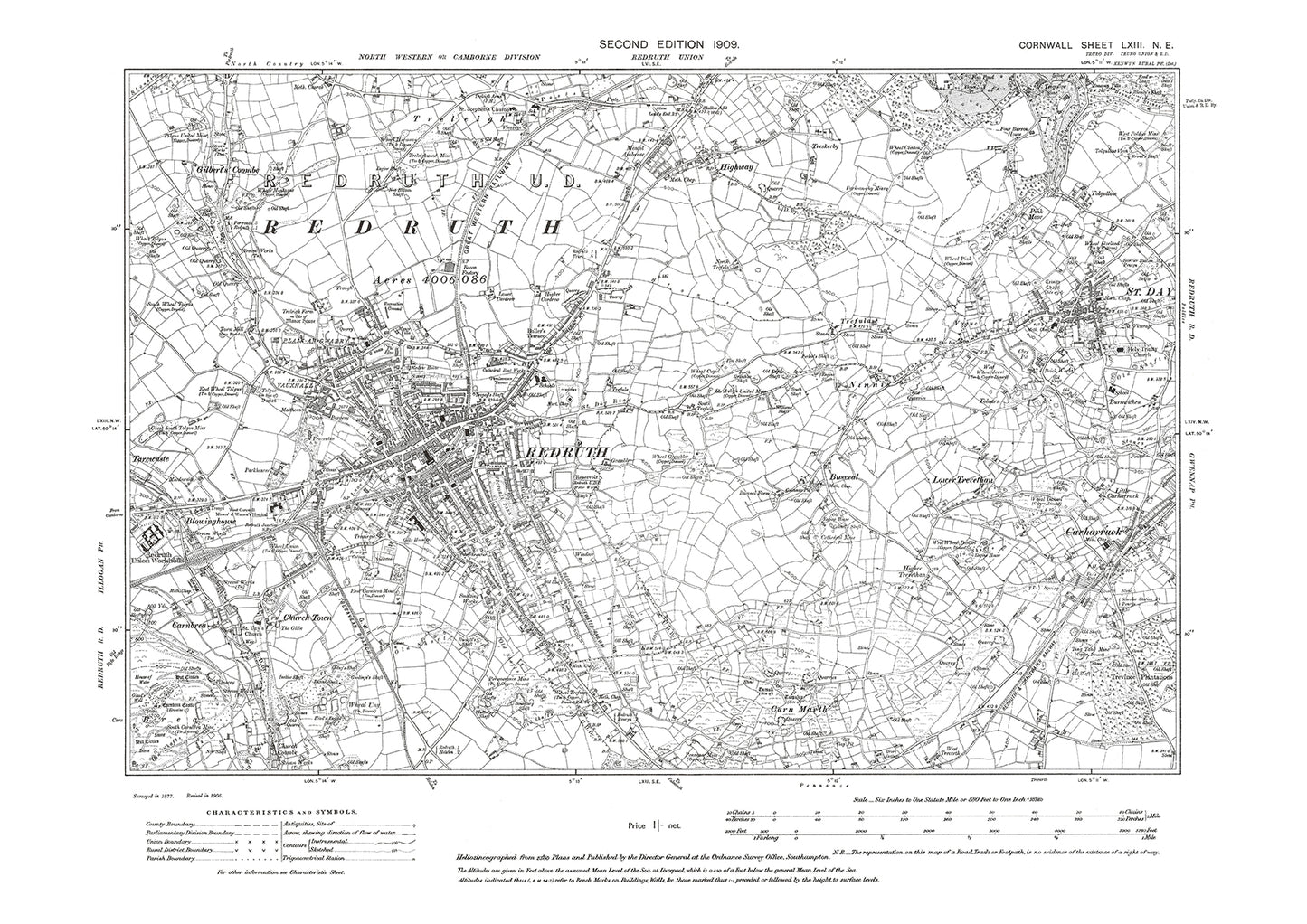 Redruth, St Day, Carharrack, Treleigh, old map Cornwall 1909: 63NE