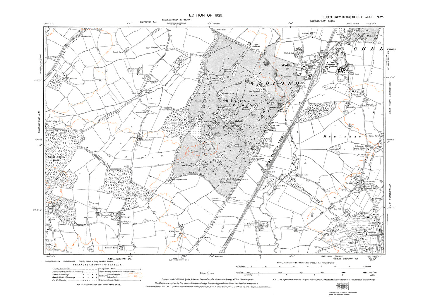 Old OS map dated 1923, showing Widford and Hylands Park, in Essex - 63NW