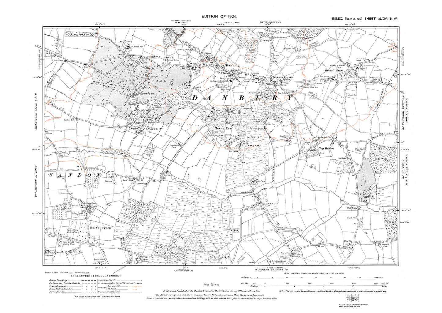 Old OS map dated 1924, showing Danbury, Runsell Green, Gay Bowers and Woodhill in Essex - 64NW