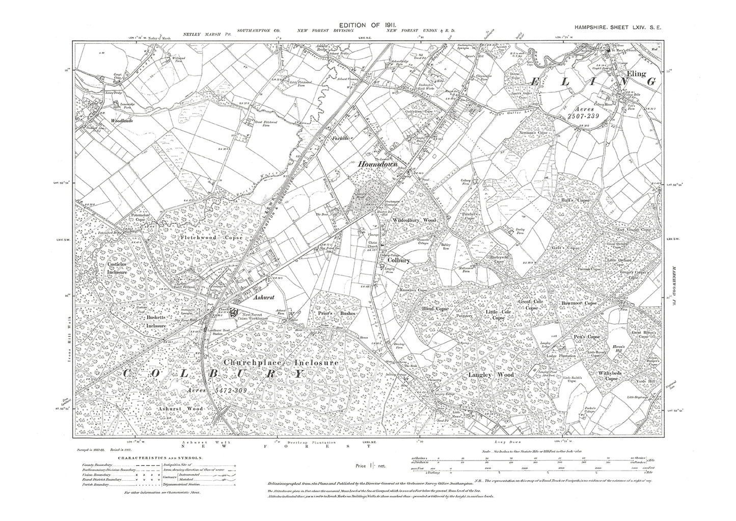 Old OS map dated 1911, showing Colbury, Hounsdown, Eling, Ashurst in Hampshire - 64SE