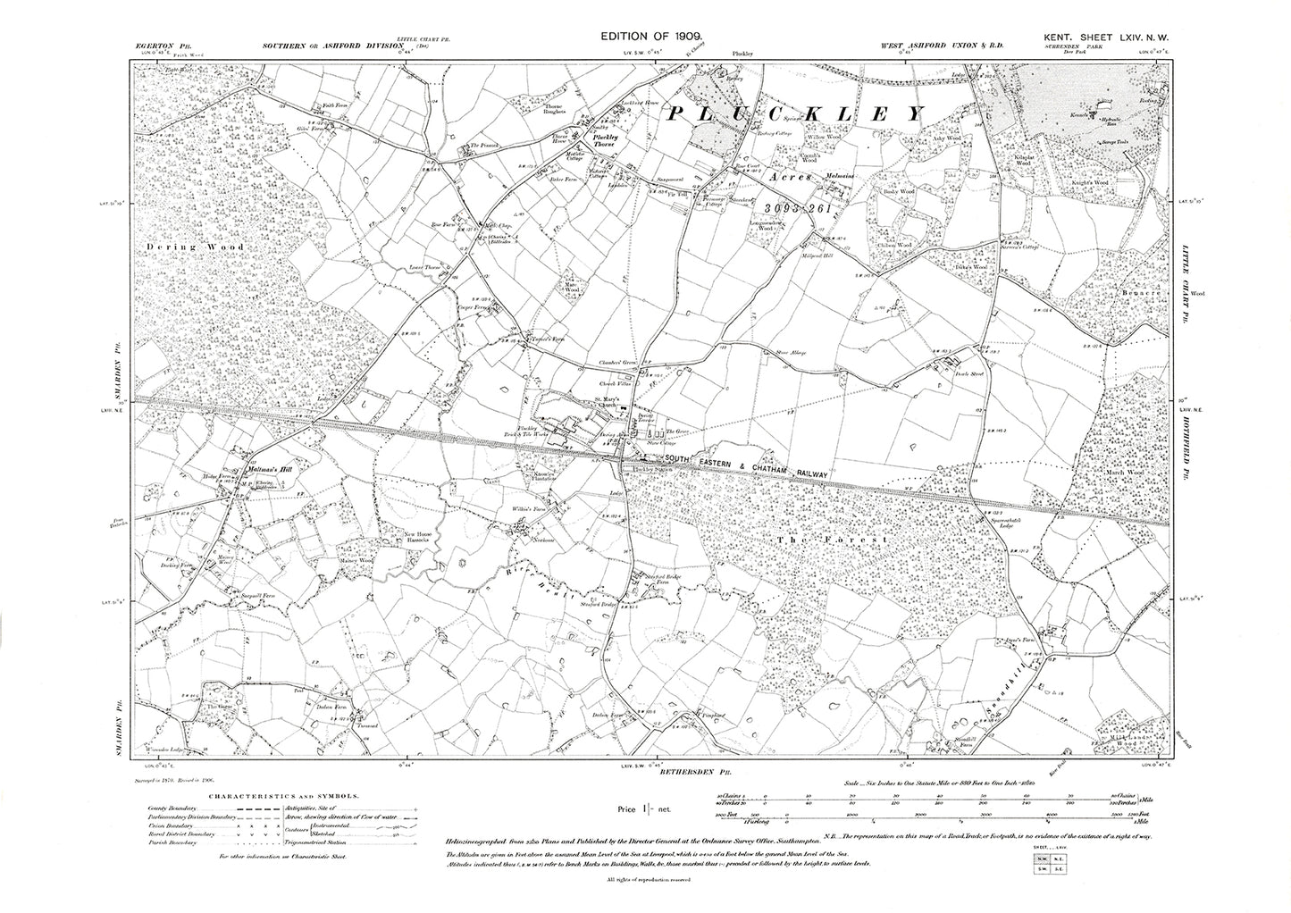 Pluckley, old map Kent 1909: 64NW