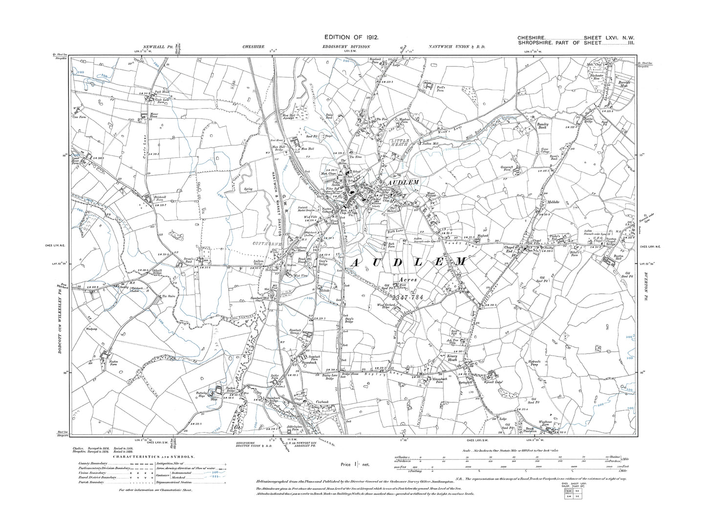 Old OS map dated 1912, showing Audlem in Cheshire 66NW