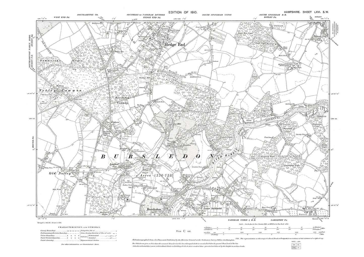 Old OS map dated 1910, showing Hedge End, Bursledon, Lower Swanwick in Hampshire - 66SW