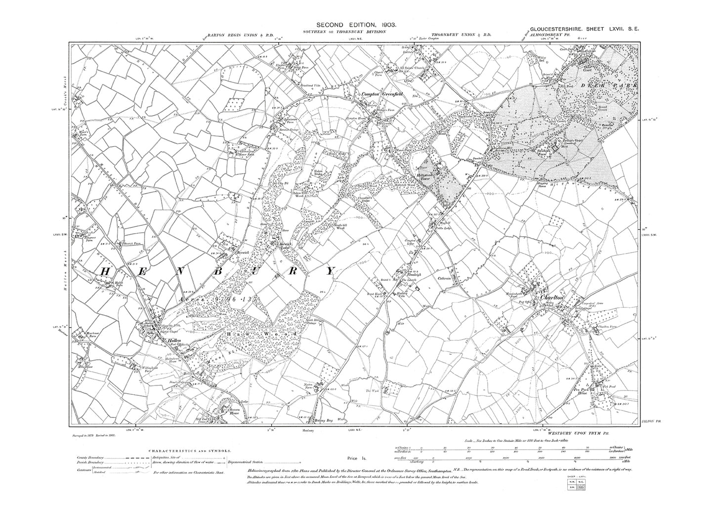 Old OS map dated 1903, showing Hallen, Charlton in Gloucestershire - 67SE