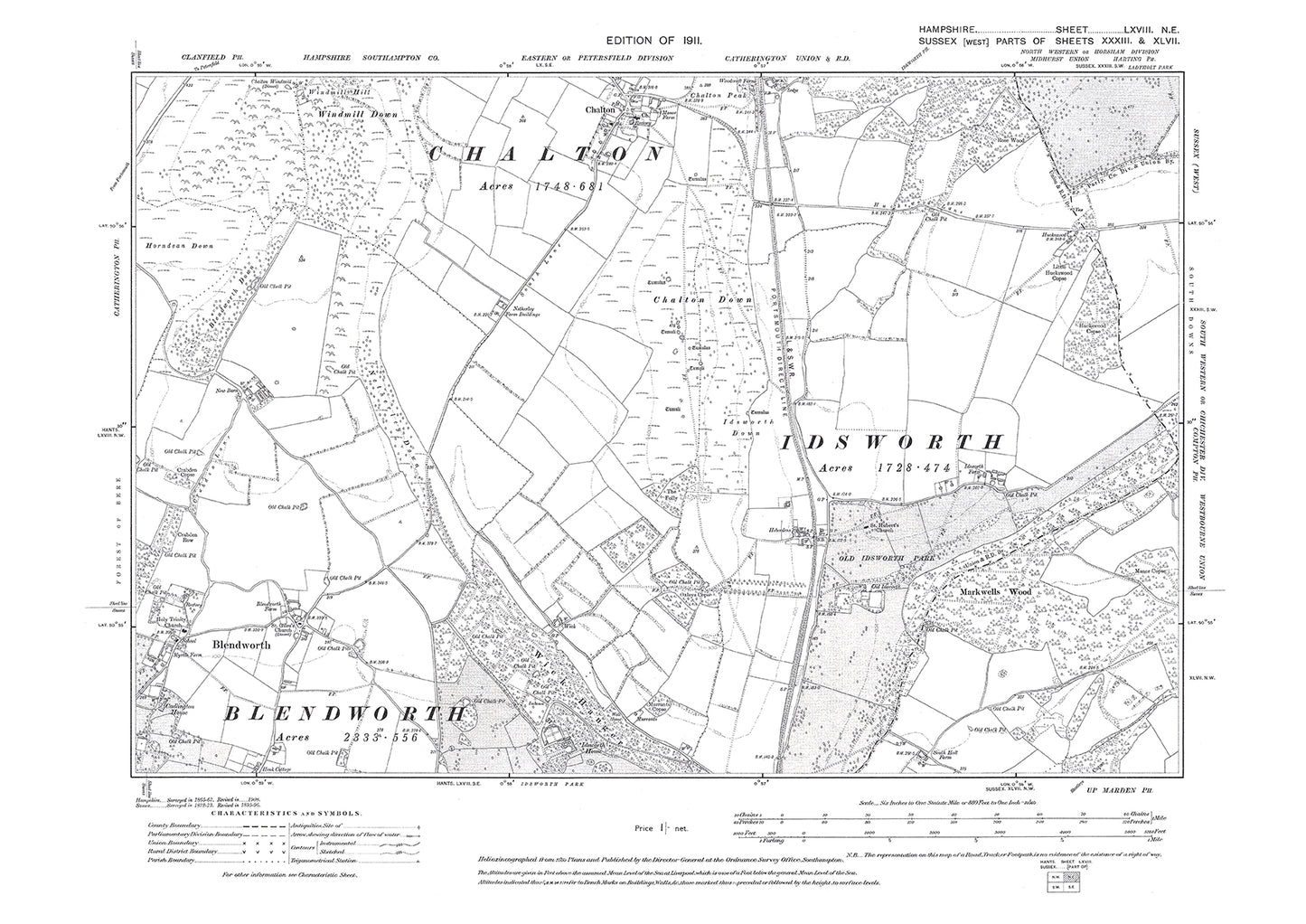 Old OS map dated 1911, showing Charlton, Blendworth in Hampshire - 68NE